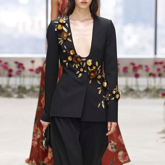 Elegant Heavy Industry Blazer for Women Summer Elegant Floral Stitching Design Long Sleeve