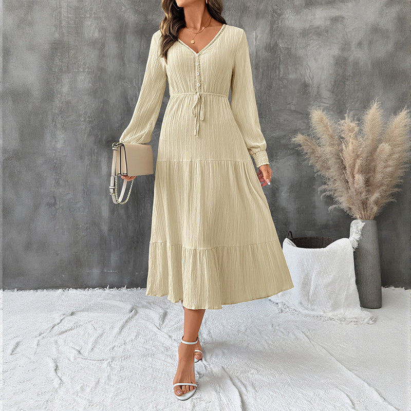 Autumn Elegant Long Sleeve Pleated V neck Solid Color Dress