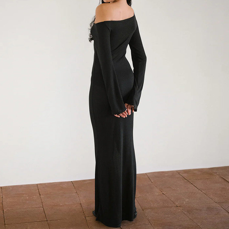 Women Clothing Autumn Elegant Oblique Shoulder Long Sleeve Dress Women Solid Color Sexy Formal Dress