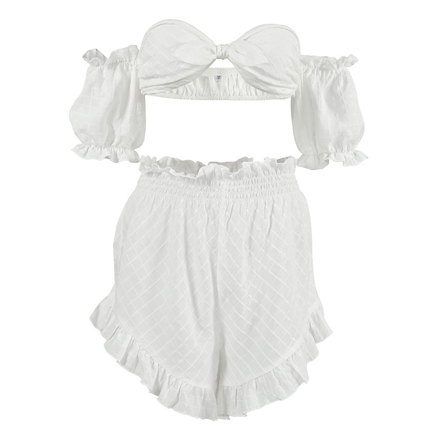 Sexy Summer Pajamas Plaid Retro off Shoulder Ruffled Shorts Two Piece Thin Ladies Homewear