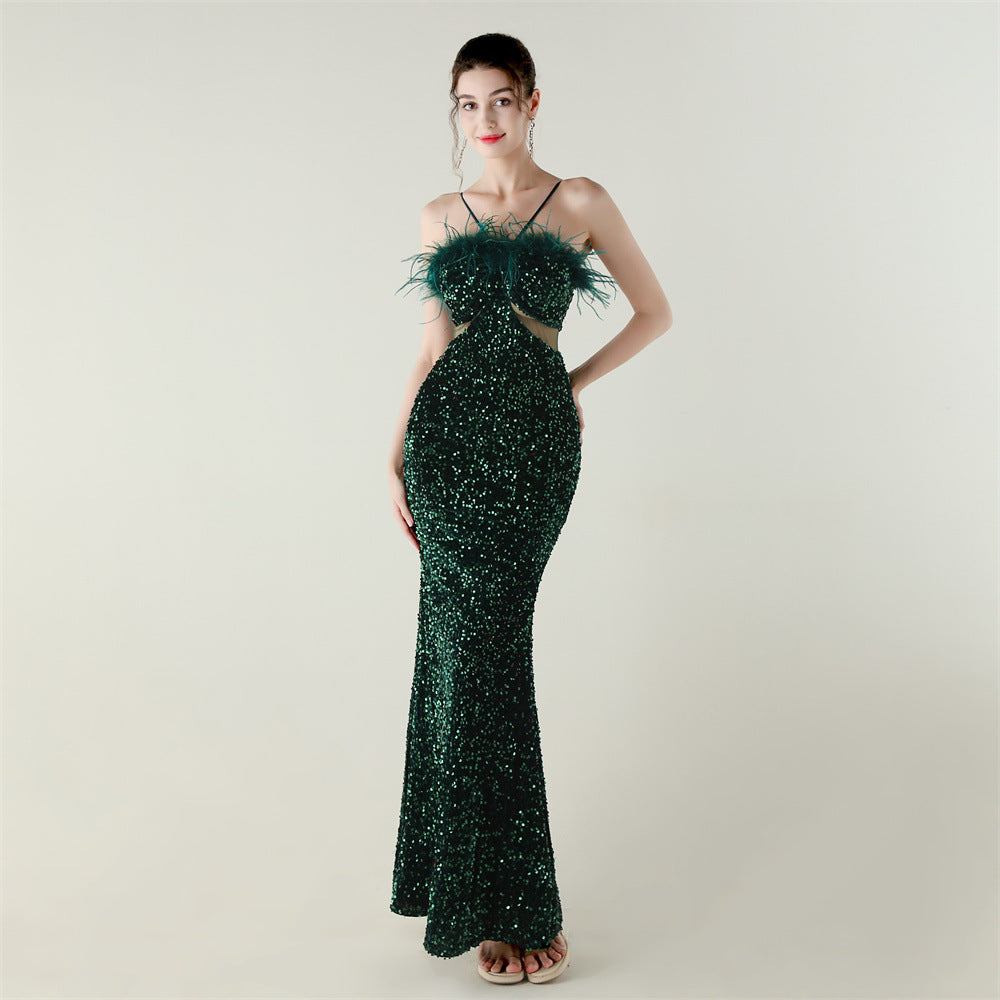 Velvet Bottom Sequin Craft Ostrich Feather Handmade Evening Dress Fishtail A Hemline High End Dinner Dress