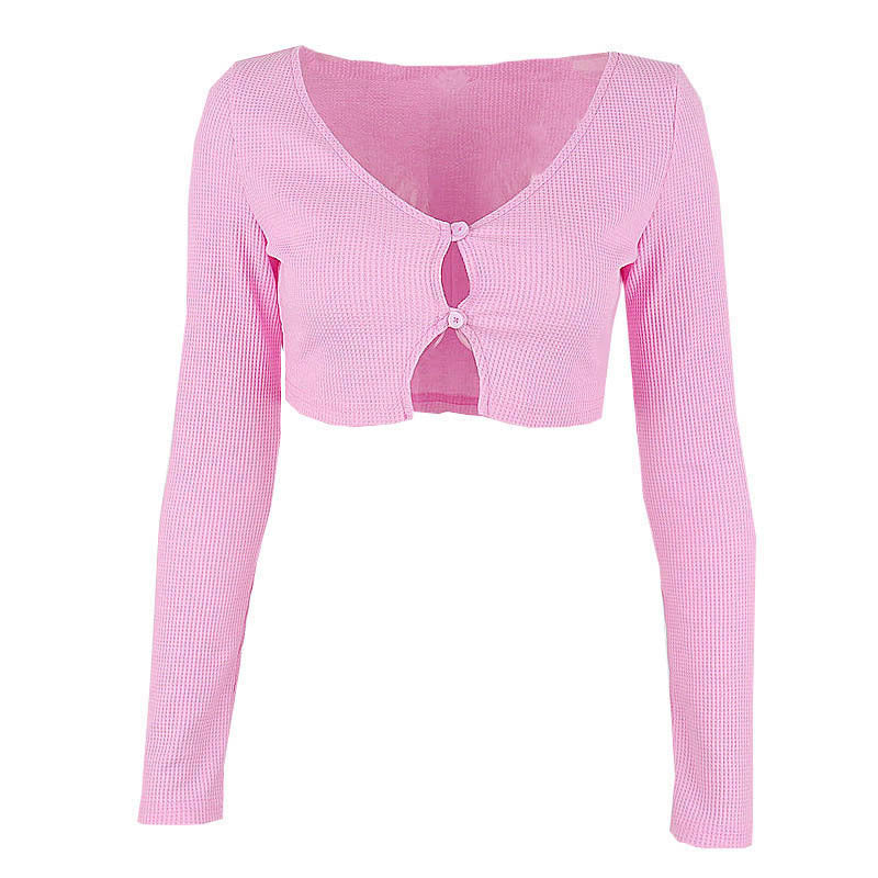 Spring Sexy V neck Long Sleeve Cardigan Ultra Short Slim T shirt Top for Women