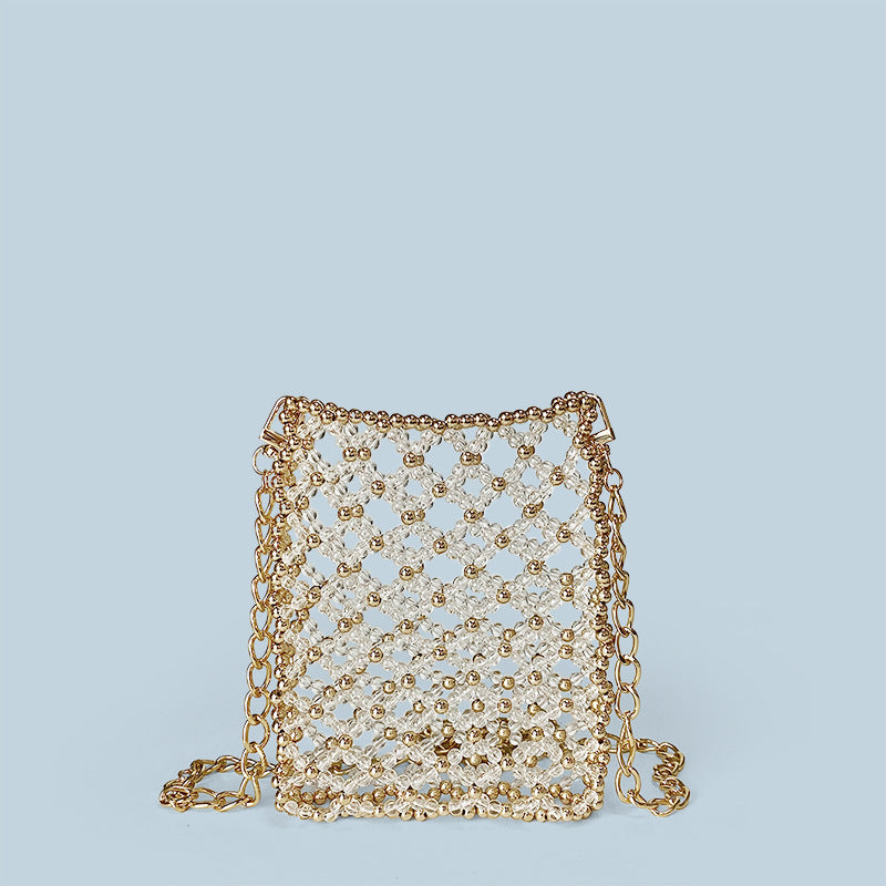 Personalized Minority Metal Texture Design Shoulder Bag Handmade Beaded Hollow Out Cutout Shiny Small Square Bag Messenger Bag