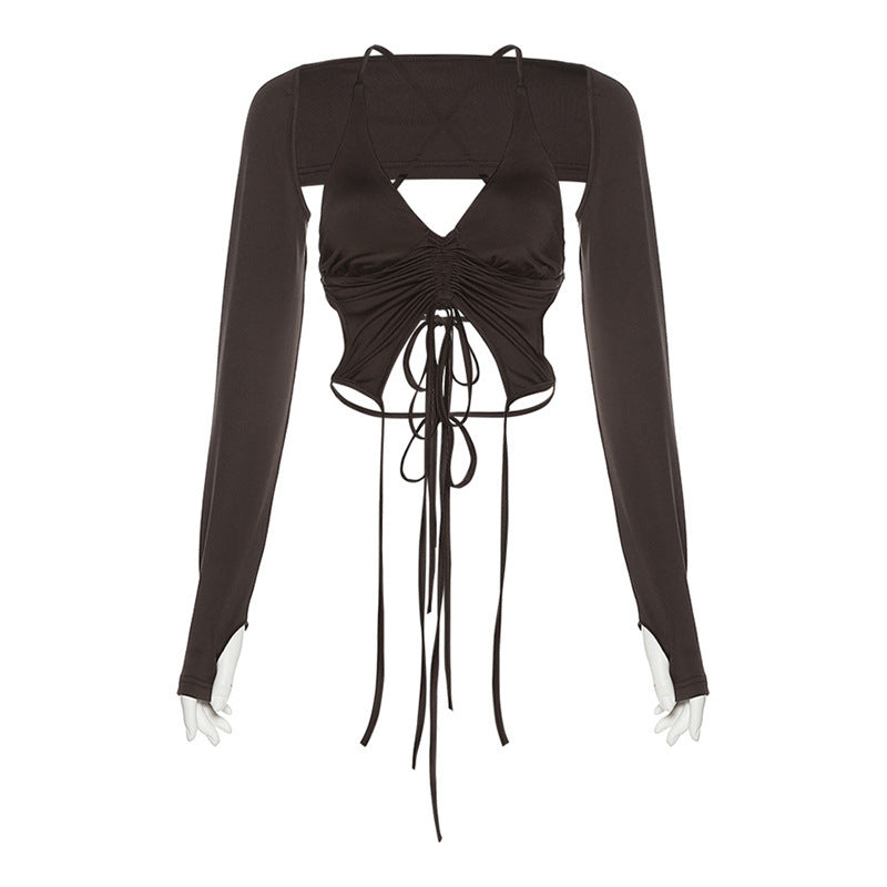 Women Clothing Long Sleeved Halter Backless Tied Slim Fit Solid Color T shirt