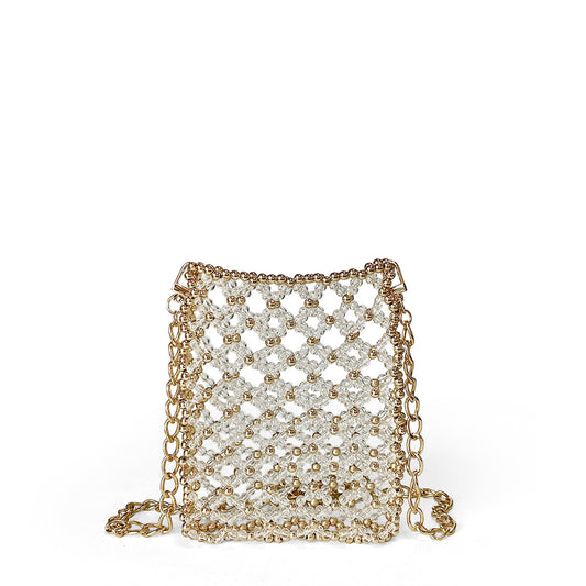 Personalized Minority Metal Texture Design Shoulder Bag Handmade Beaded Hollow Out Cutout Shiny Small Square Bag Messenger Bag