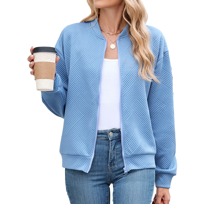 Autumn Winter Solid Color round Neck Loose Zip Long Sleeve Sweatshirt Varsity Jacket