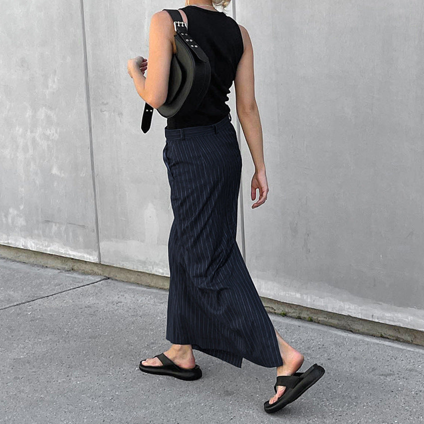 Office Slim Fit High Waist Striped Slit Straight Skirt Autumn Women Clothing