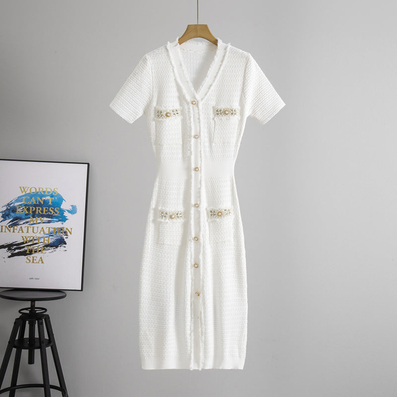 Summer Japanese Korean Women Clothing Classic V neck Short Sleeve Beaded Midi Dress Waist Tight Knitted Dress