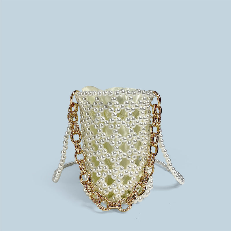 Chinese Beaded Hand Woven Pearl Cocktail Vegetable Basket Hollow Out Cutout Bucket Chain Underarm Messenger Bag