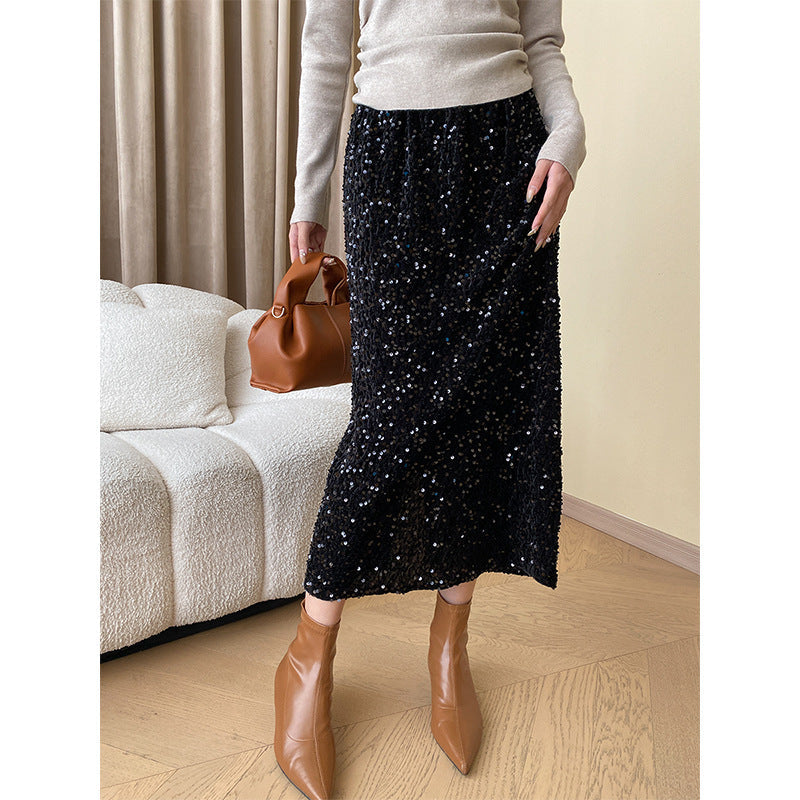 Fashionable Golden Atmosphere Fine Glitter Split Straight Skirt Thickened Autumn Winter