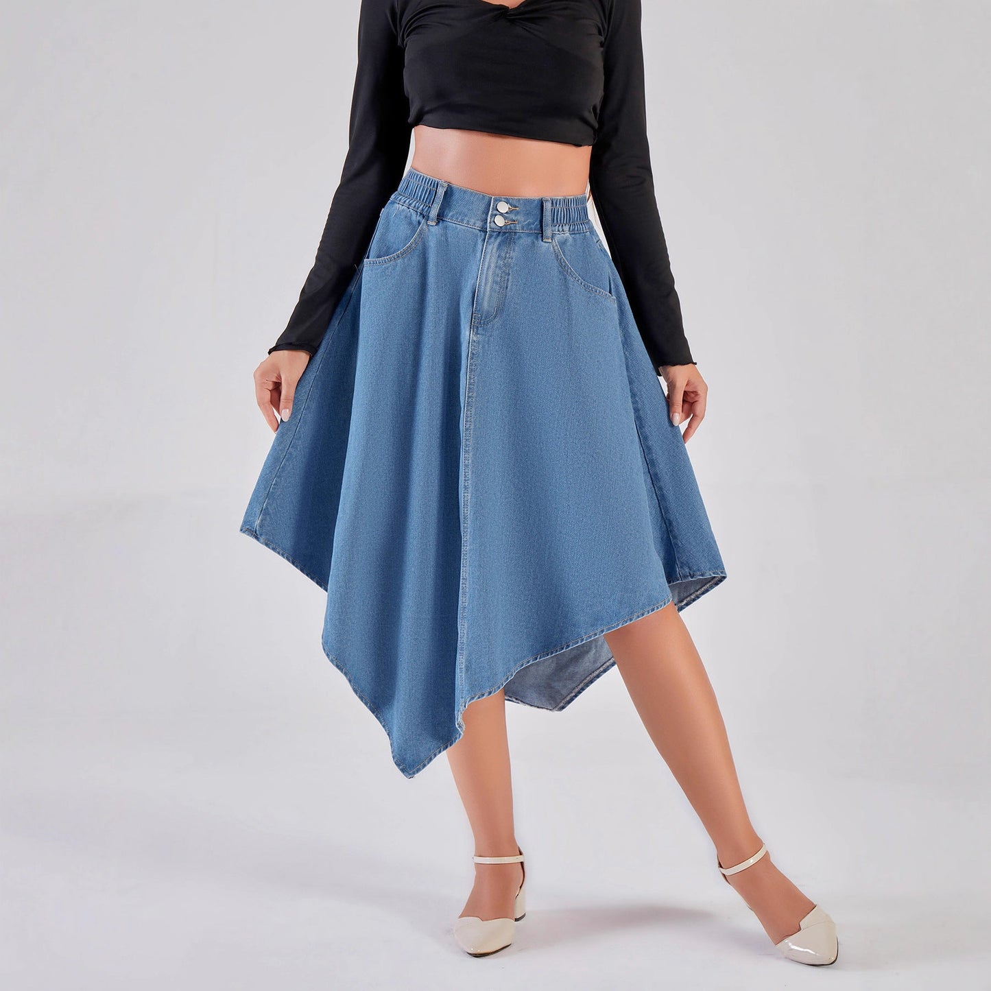 Blue Umbrella Skirt Irregular Asymmetric Skirt Slimming Women Mid Length Denim Skirt
