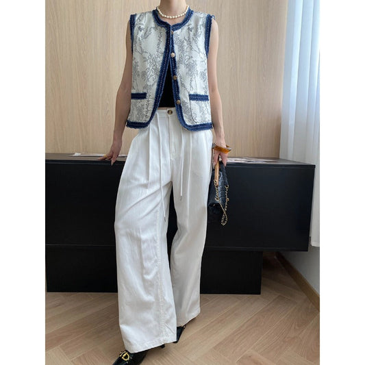 Autumn Chinese Jacquard Embroidery Stitching Denim Covered round Neck Vest