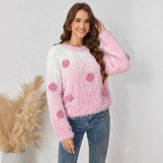 Autumn Winter round Neck Loose Three Dimensional Floral Gradient Sweater Sweet Youthful Looking Soft Glutinous Warm Beautiful Sweater