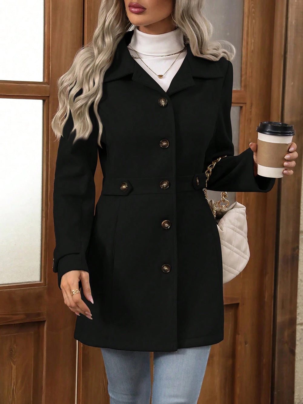 Autumn Winter Collared Women Woolen Slim Fit Coat