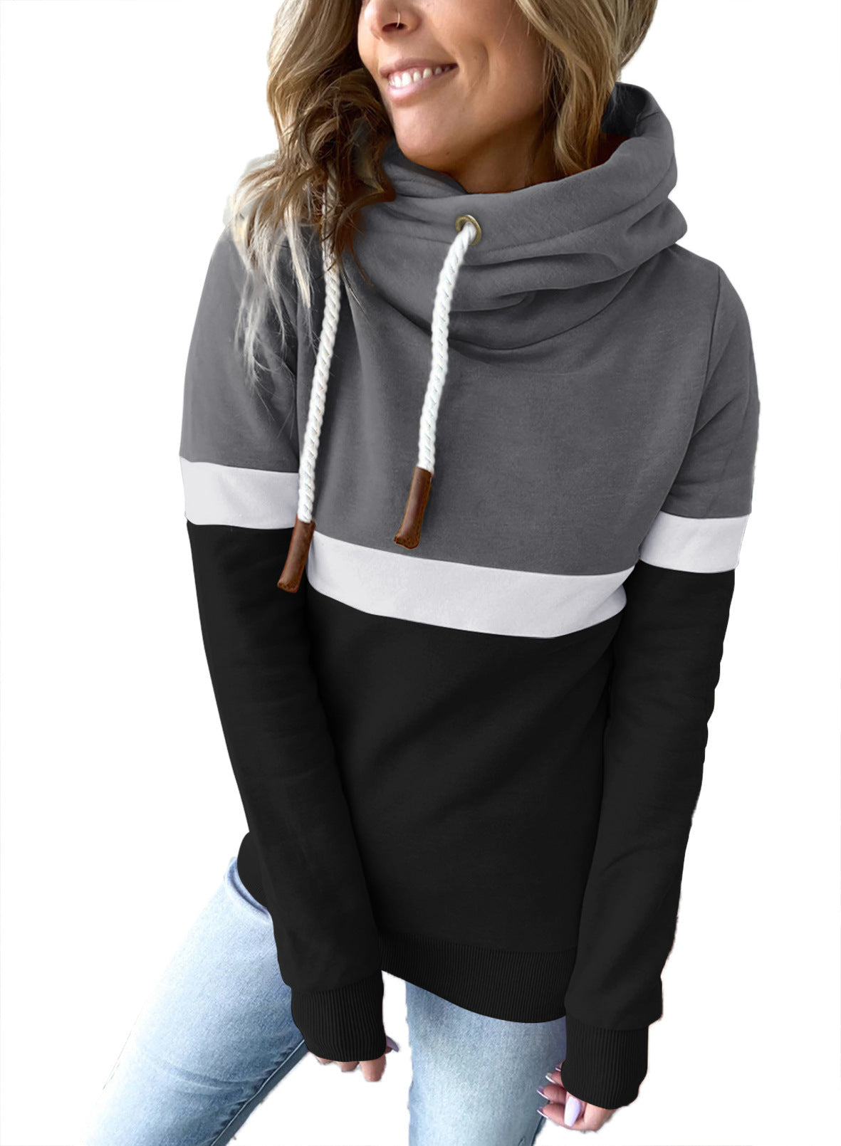 Women Sweatshirt Autumn Winter Solid Color Stitching Casual Pullover Hooded Sweatshirt for Women