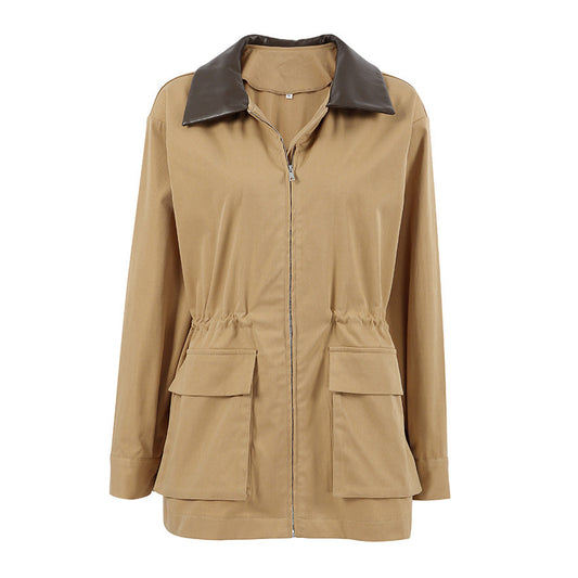 Autumn Winter Patchwork Leather Loose Trench Women