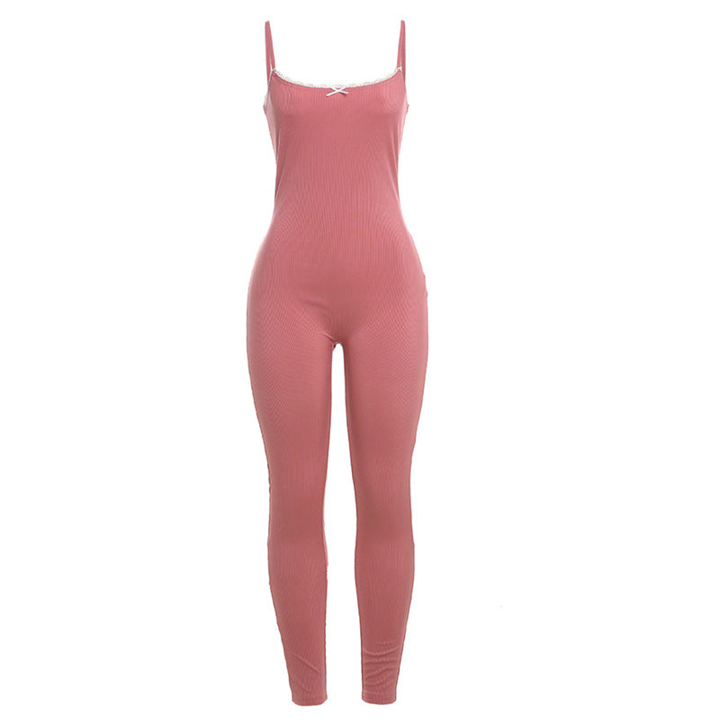 Autumn Winter Sexy Tight Low Cut Solid Color Trousers Strappy Bow Jumpsuit