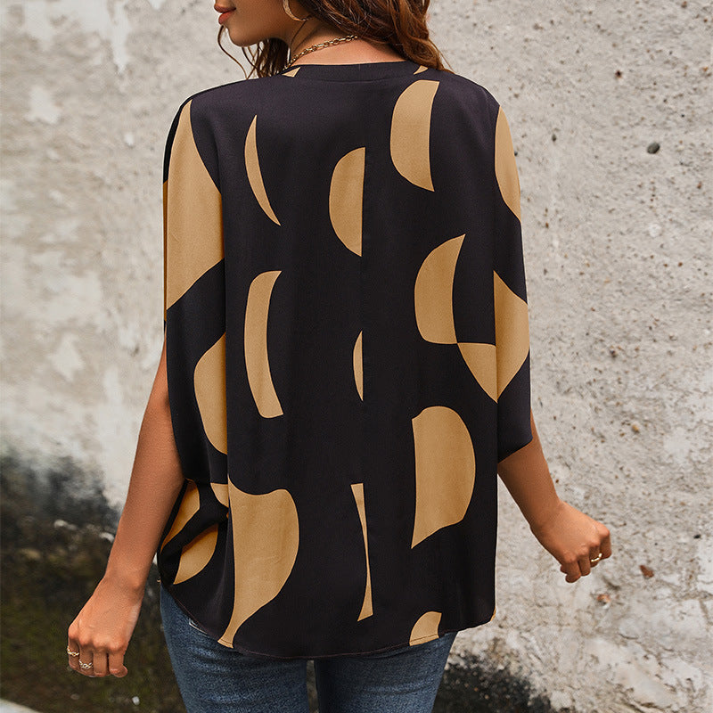 Summer Women Clothing Short Sleeve Pullover V neck Printed Shirt