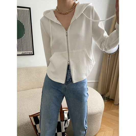 Sinan French Tight Waist Cut Super Slimming Double Zipper Hooded Sweatshirt Slim Coat Early Autumn