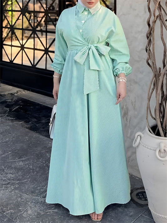 Women Striped Long Sleeve Turn down Collar Elegant Casual Robe Tunic Dress