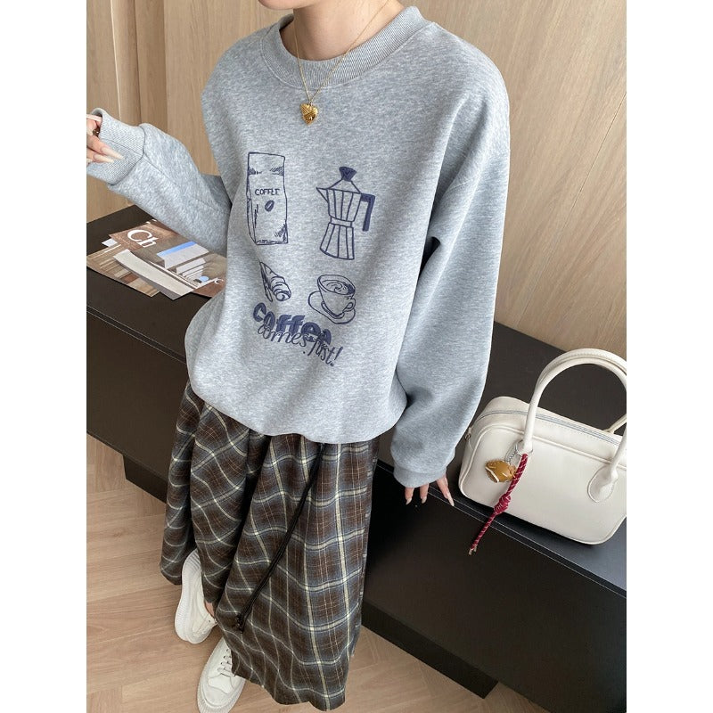 Atmosphere Fun Coffee Bread Printing round Neck Loose Pullover Sweater