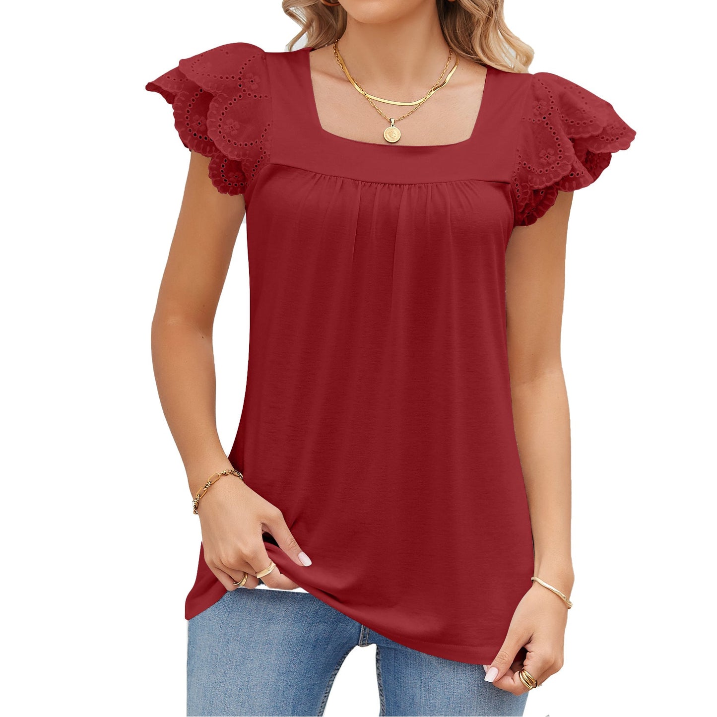 Summer Solid Color Lace Stitching Square Collar Petals Short Sleeve T Shirt Top Women