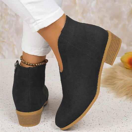 Autumn Winter Leopard Root Booties Side Zipper round Toe V Cut Suede Ankle Boots Women