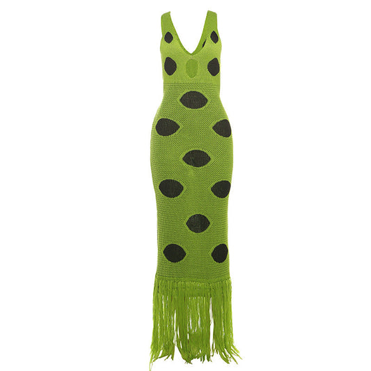 Autumn Sexy Hip Knitwear Dress Black Polka Dot Dress Swing Tassel Dress