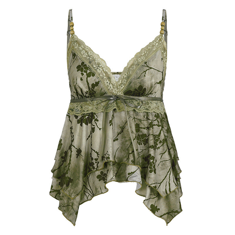 Summer Vacation Women Clothing V neck Sling Waist Irregular Asymmetric Retro Patchwork Top