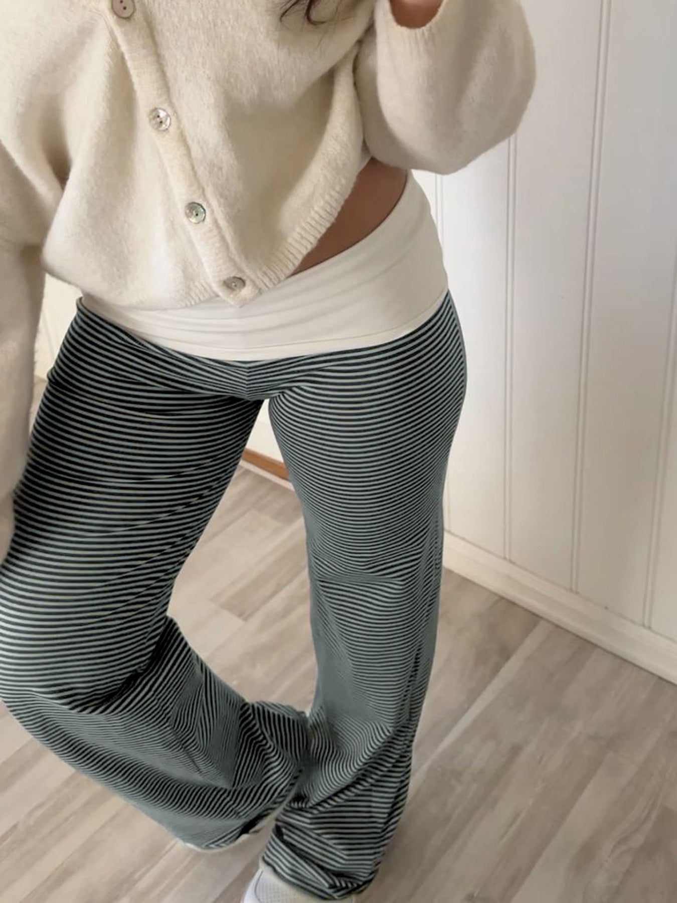 Women Clothing Casual Pajamas Trousers Turn Waist Contrast Color Stripes Knitted Trousers All Match Smooth Straight Leg Trousers