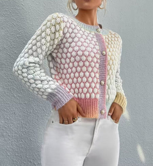 Autumn Winter Cardigan Rainbow Jacquard Short Sweater Girls Coat Single Side Buckle