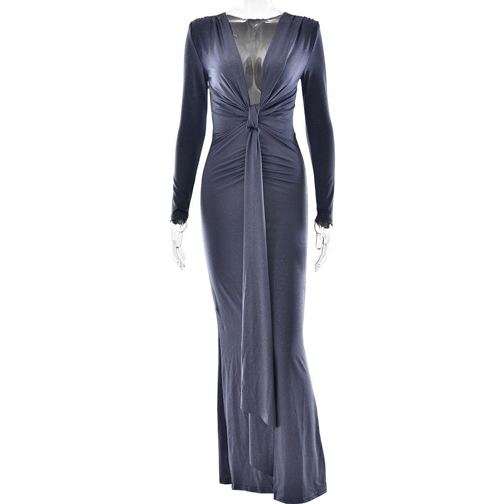 Autumn Winter Sexy Deep V Plunge neck Ribbon Dress Sexy Slit Slim Fitting Dress