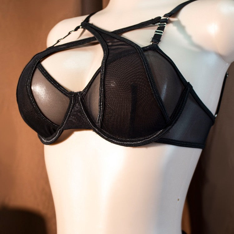 Women Sexy Underwear Push up Bras Mesh See through Sexy Lace up Metal Buckle Three Piece Set