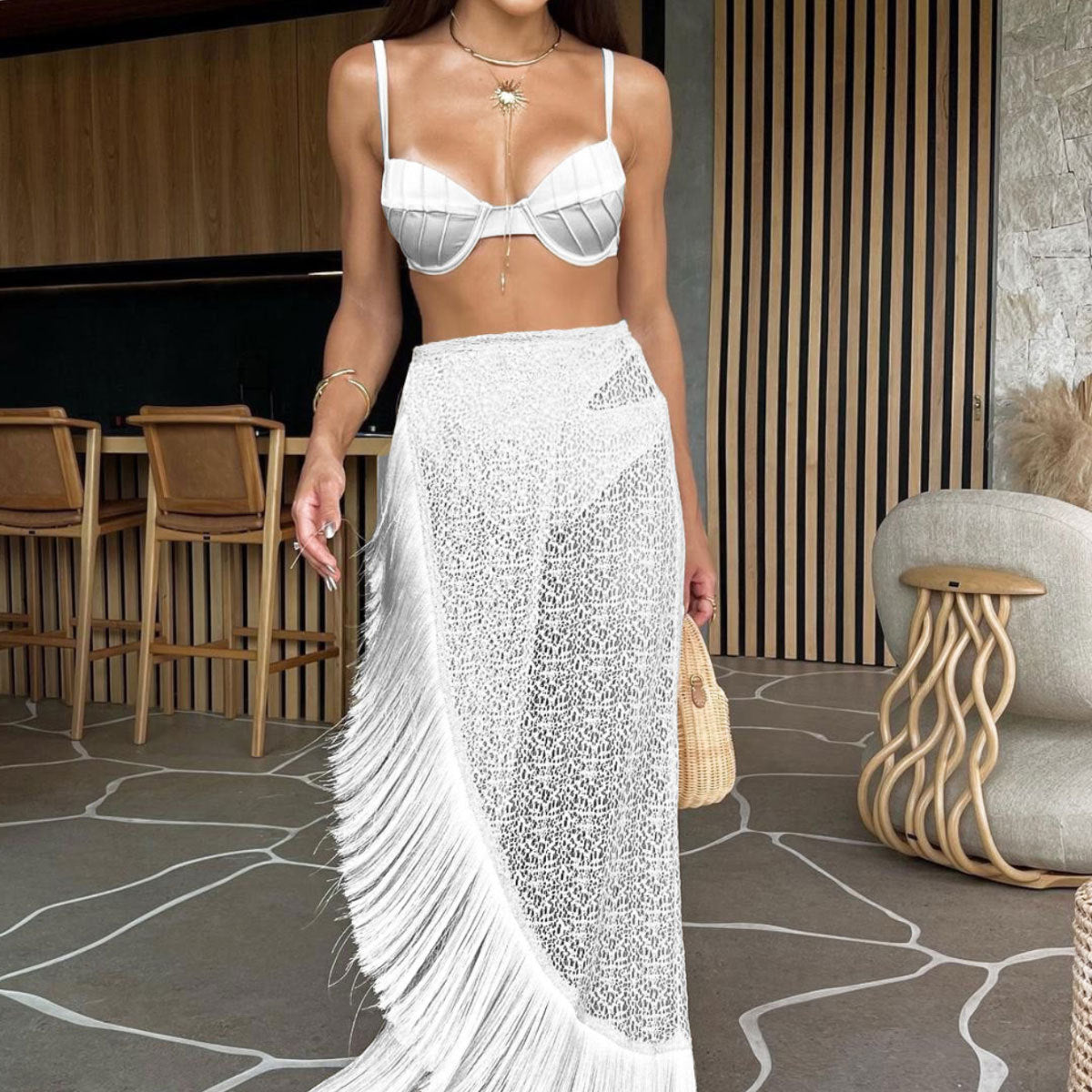 Three Point High Waist Bikini Skirt Three Piece Set Solid Color Split Swimsuit