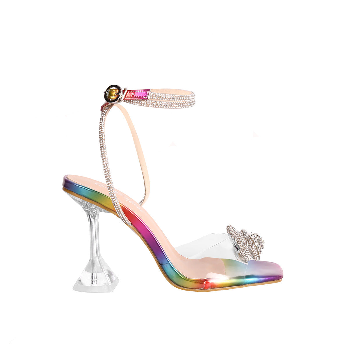 Bow Rhinestone High Heeled Sandals Women plus Size Square Toe Catwalk Sandals Heels