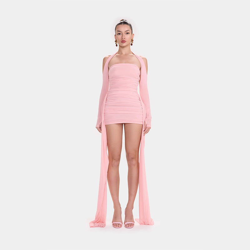 Spring Elegant Pure Pleated Ribbon Hip Sexy Tight Tube Top