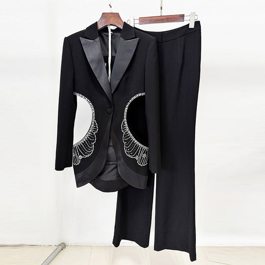 Summer Star Personality Hollow Out Cutout out Rhinestone Blazer Trousers Two Piece Sets