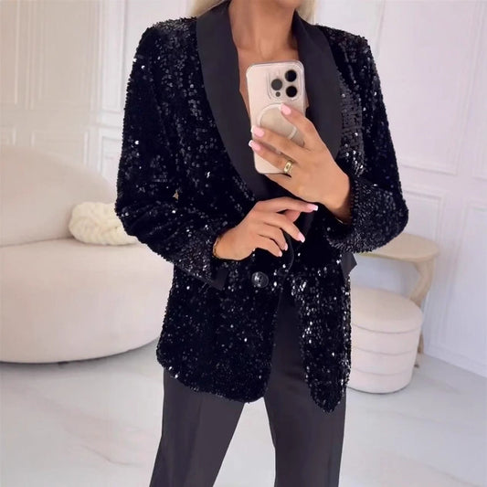Autumn Winter Casual Fashionable Sequ Collared Blazer