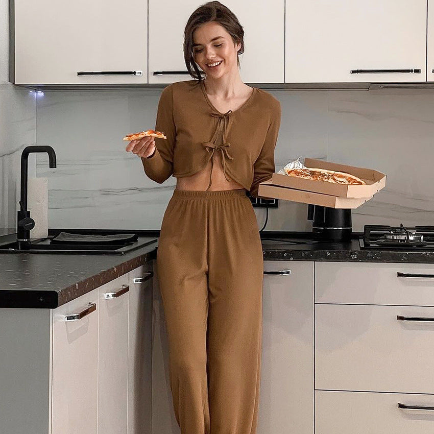 Autumn Winter Long Sleeve Lace up Trousers Two Piece Pajamas Knitted Sunken Stripe Ladies Homewear