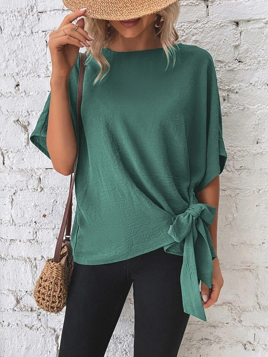 Women Clothing Summer Solid Color Batwing Sleeve Knotted Loose T Top