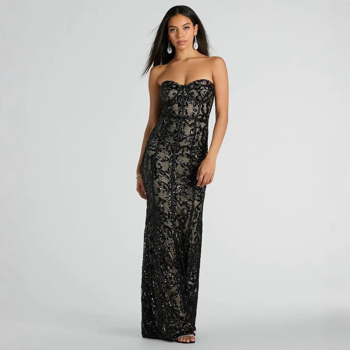 Women Party Sequined Sexy Socialite Formal Dress Black Tube Top Dress Maxi Dress