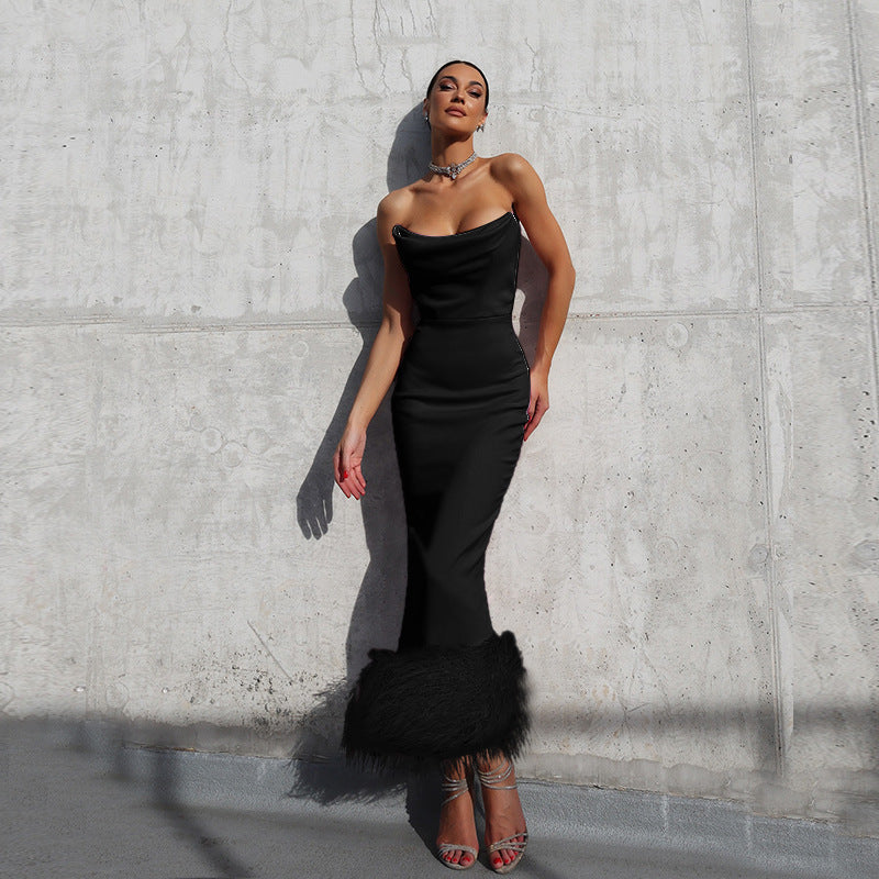 Autumn Solid Color Stitching Sexy Slim Tube Top Furry Party Sling Dress