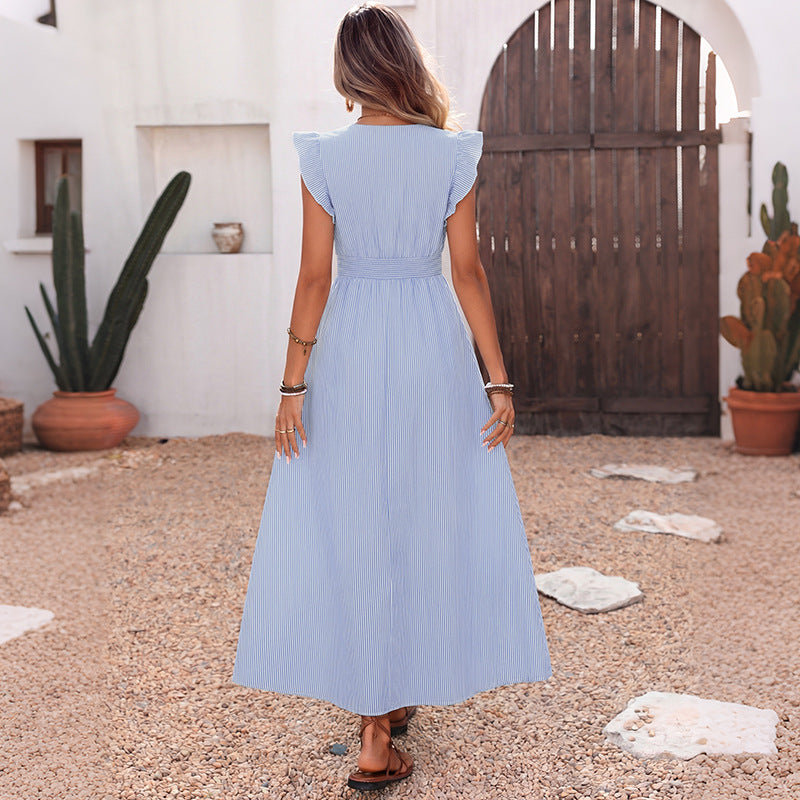 Long Shirt Dress Women Summer Blue Color Striped Flying Sleeve V neck Dress