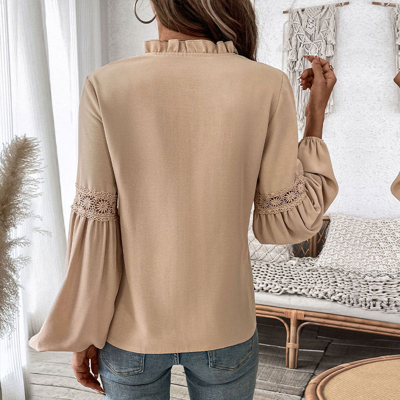 Autumn Top Tied V neck Solid Color Pleated Shirt