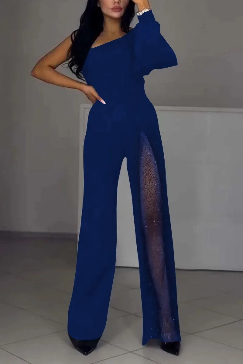 New Fall Winter Sexy Oblique Shoulder High Slit Women Jumpsuit