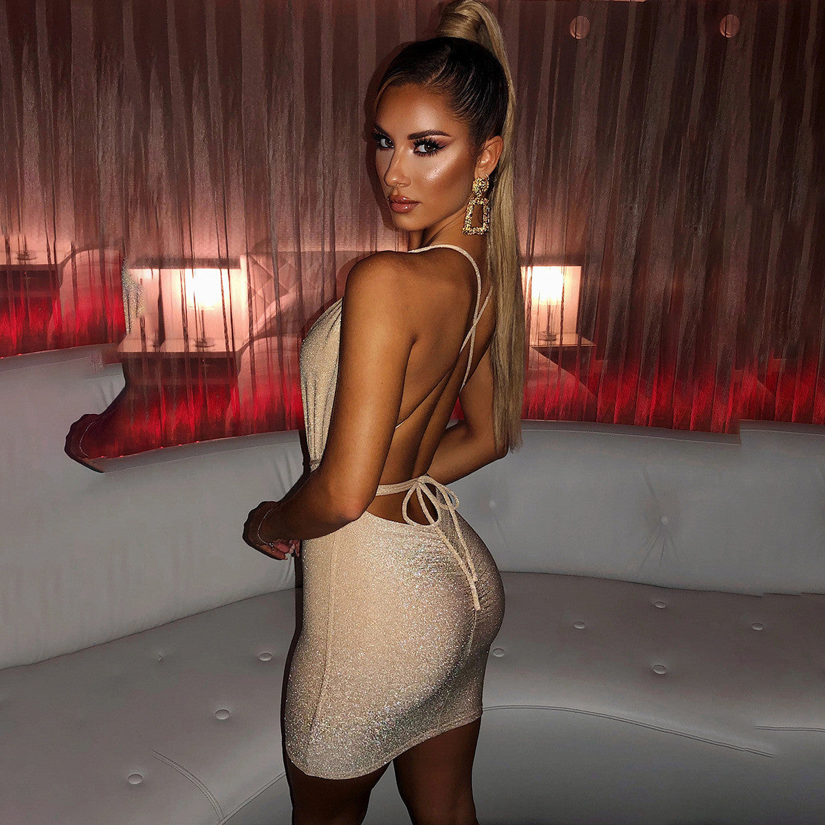 Arrival Women Clothing Deep V-neck Backless Lace-up Sexy Dress for Women