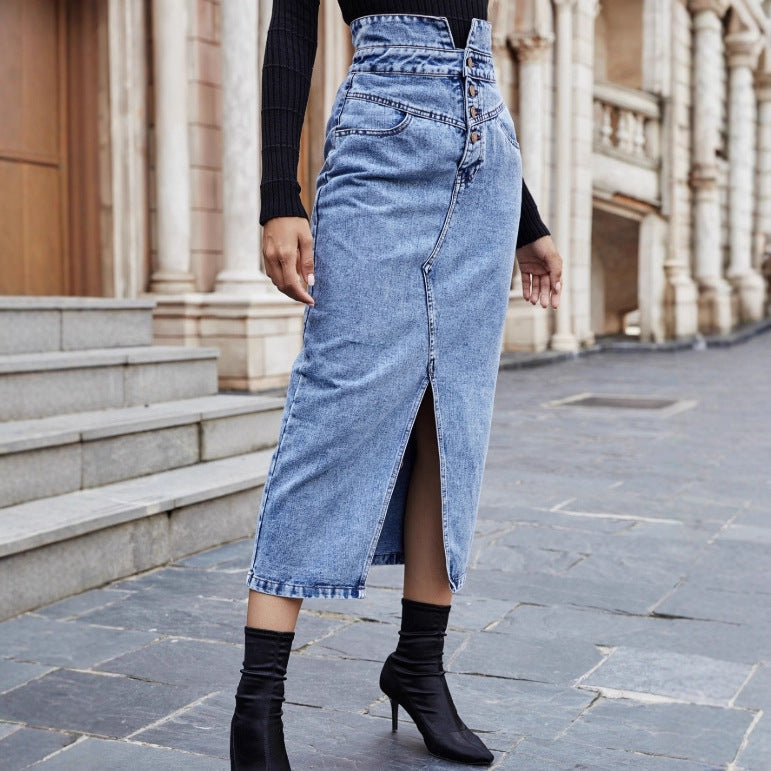 Split High Waist Slimming Sheath Denim Skirt