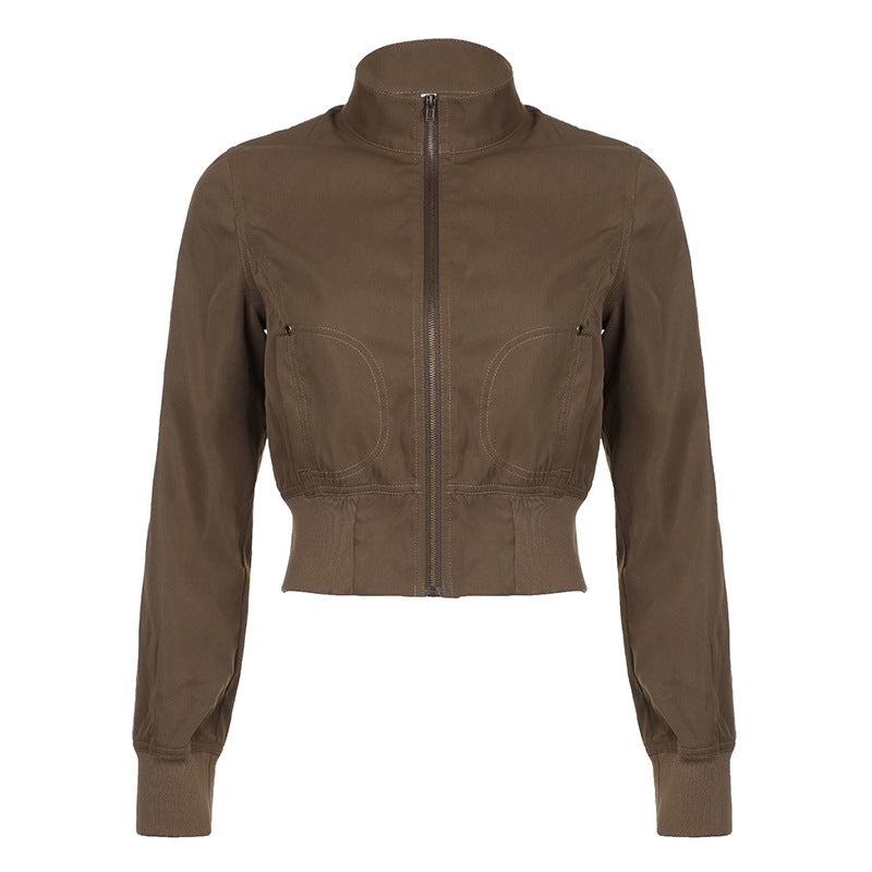 Early Autumn Workwear Waist Tight Jacket Vintage Brown Zipper Turtleneck Slimming Casual Fashionable Jacket