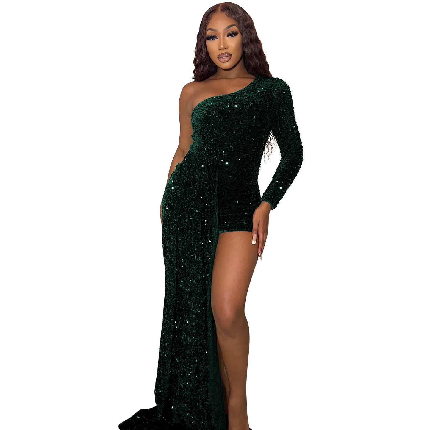 Autumn Winter Sexy Tight Shoulder Long Sleeve Sequin Large Swing Dress Women