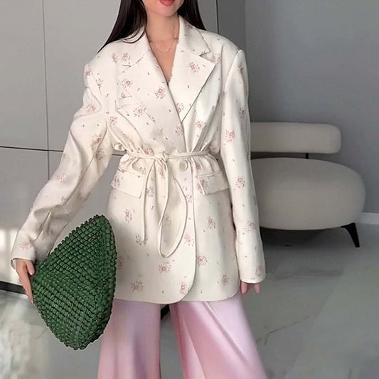 Women Clothing Spring Autumn Printed Loose Collar Lace up Waist Tight Blazer